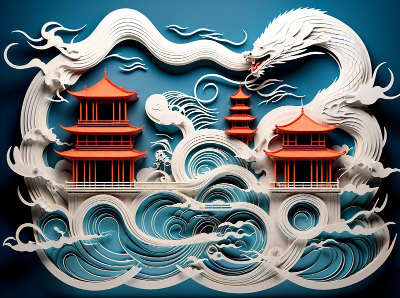 05755-529520633-guchen,no humans,dragon,eastern dragon,cloud,waves,scenery,black background,pagoda,fangs,water,building,mountain,Blue Theme,_lor.png